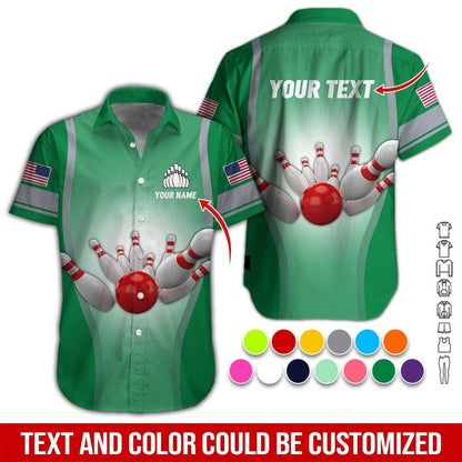 Custom Bowling Aloha Hawaiian Shirt - US Flag And Bowling Pattern Personalized Name Hawaiian Shirt For Men & Women, Bowling Lover - Amzanimalsgift