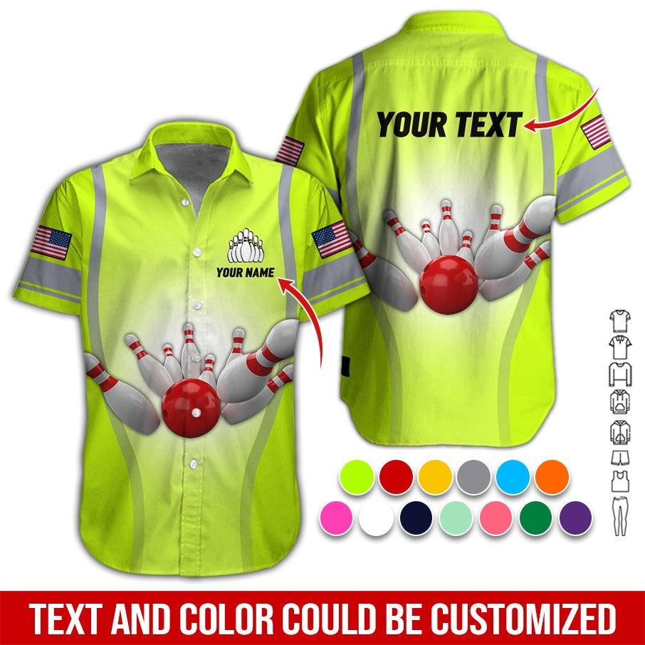 Custom Bowling Aloha Hawaiian Shirt - US Flag And Bowling Pattern Personalized Name Hawaiian Shirt For Men & Women, Bowling Lover - Amzanimalsgift