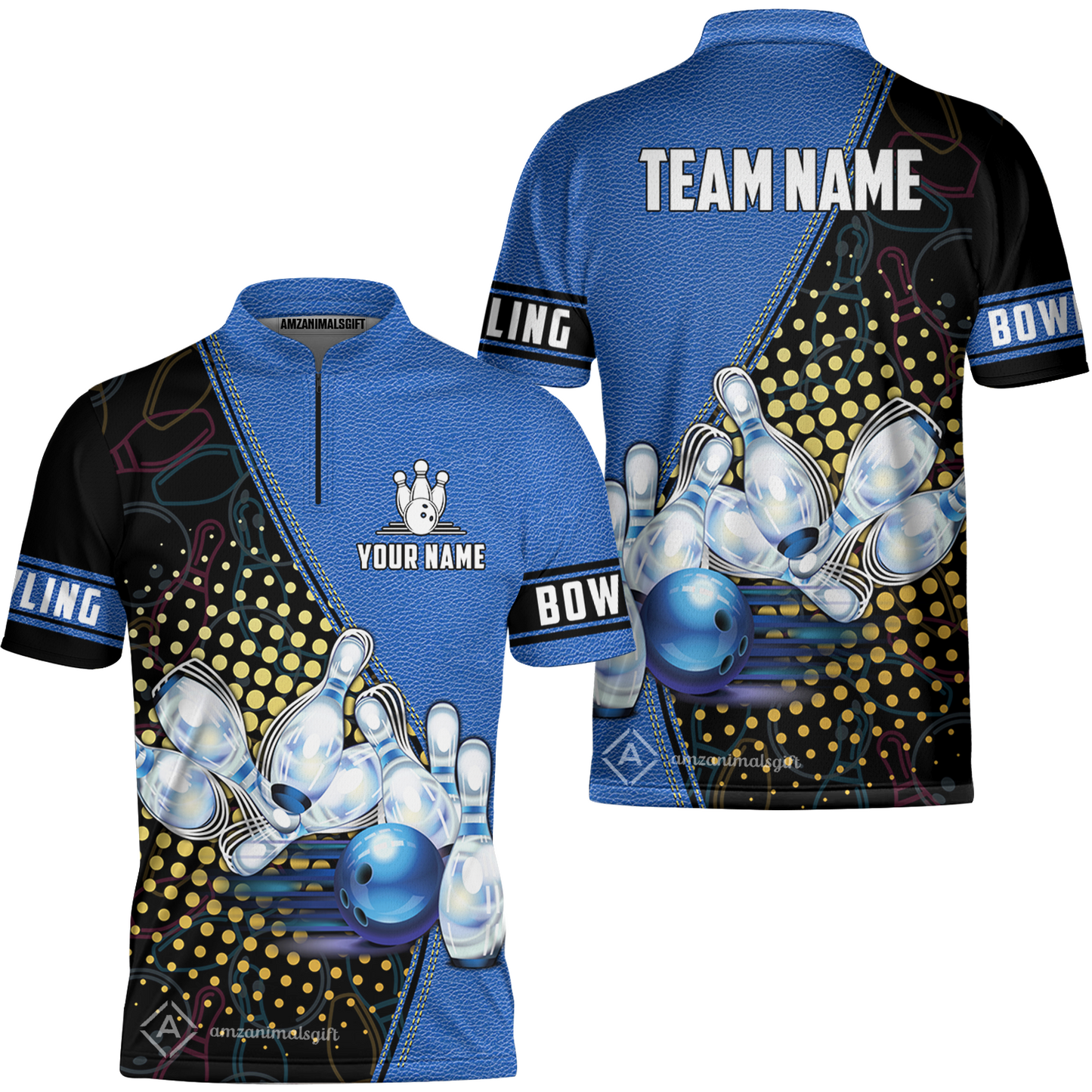 Custom Bowling Jersey - Black And Blue Bowling Ball Pattern Personalized Name Bowling Jersey