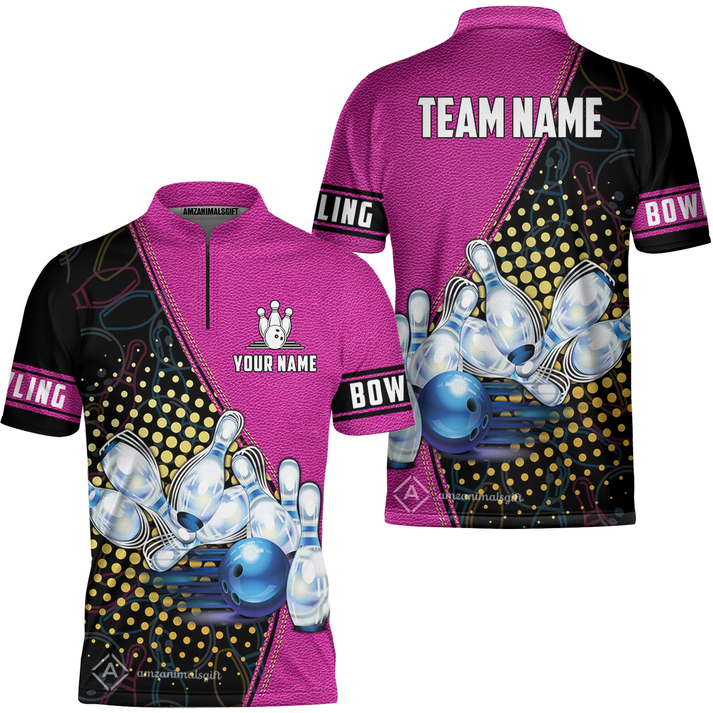 Custom Bowling Jersey - Black And Blue Bowling Ball Pattern Personalized Name Bowling Jersey