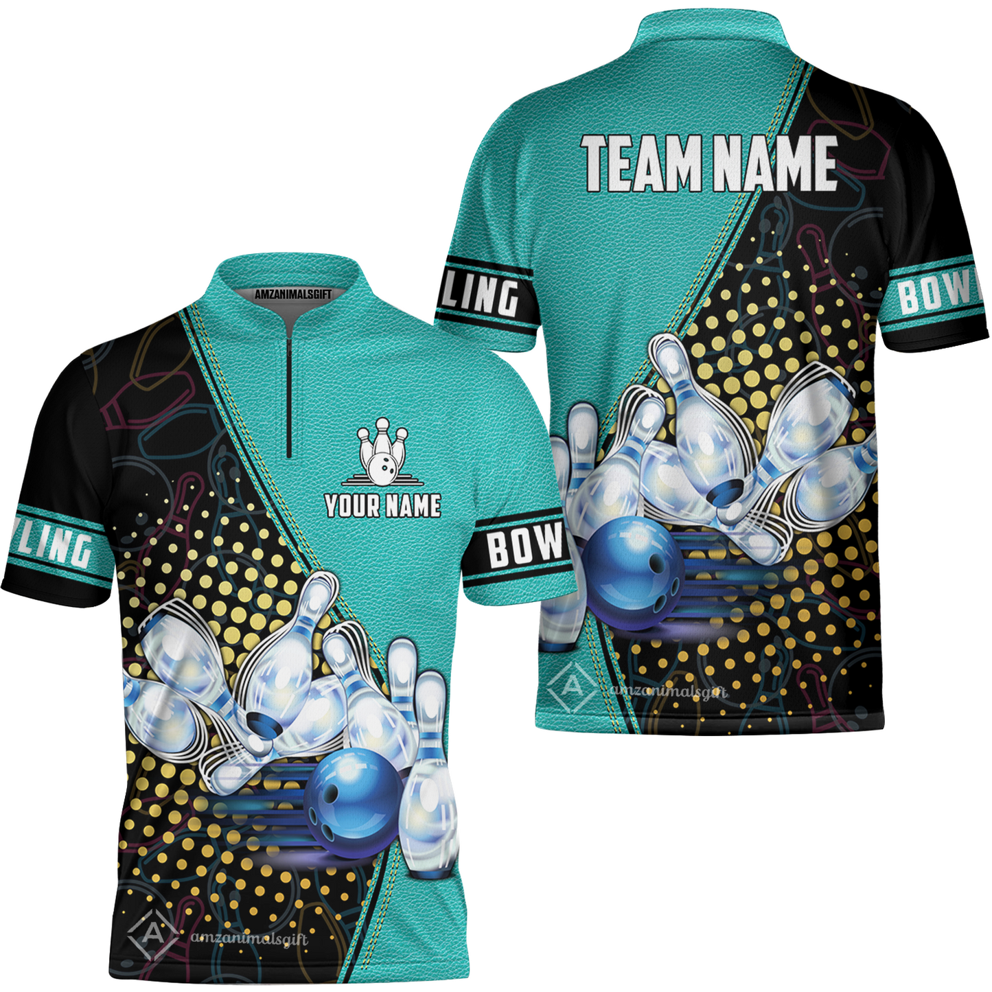 Custom Bowling Jersey - Black And Blue Bowling Ball Pattern Personalized Name Bowling Jersey