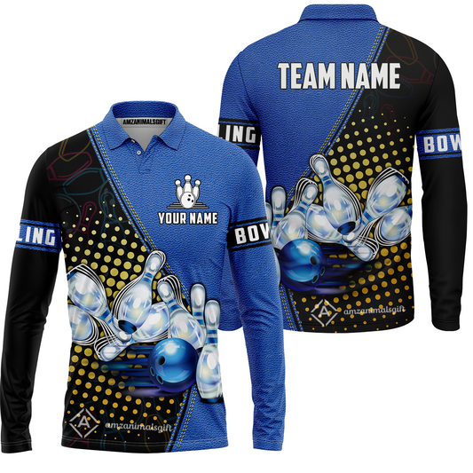 Custom Bowling Long Polo Shirt - Black And Blue Bowling Ball Pattern Personalized Name Long Polo Shirt
