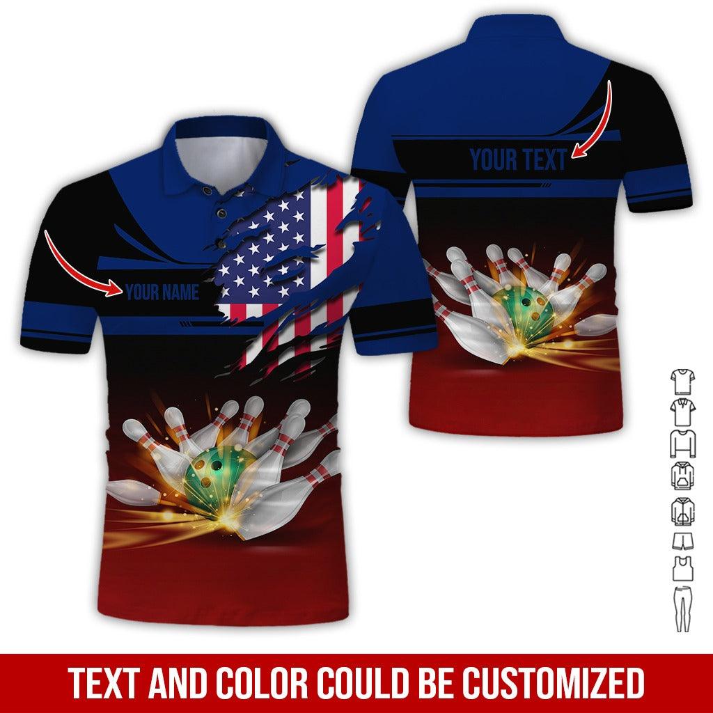 Custom Bowling Men Polo Shirt - Amazing Bowling Ball And US Flag Personalized Name Polo Shirt - Perfect Bowling Gift For Men, Bowling Lover - Amzanimalsgift
