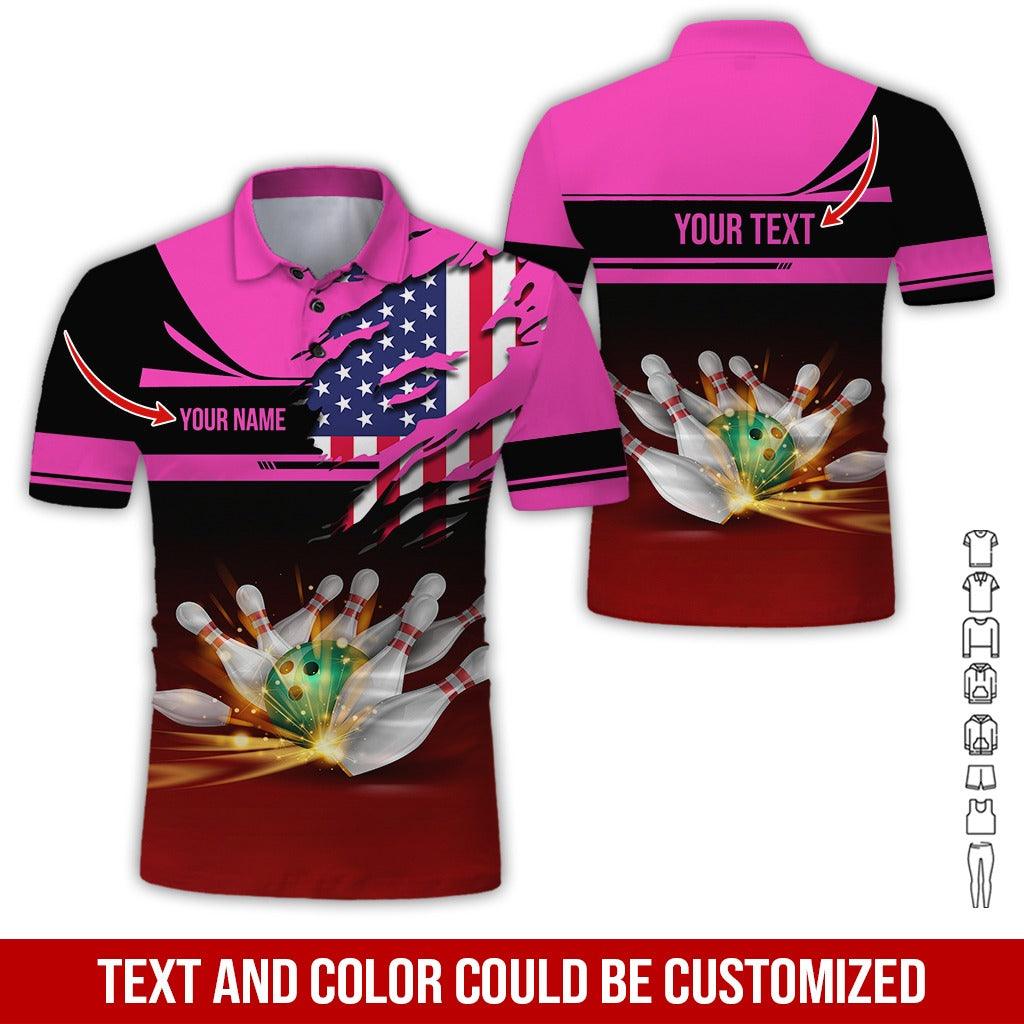 Custom Bowling Men Polo Shirt - Amazing Bowling Ball And US Flag Personalized Name Polo Shirt - Perfect Bowling Gift For Men, Bowling Lover - Amzanimalsgift
