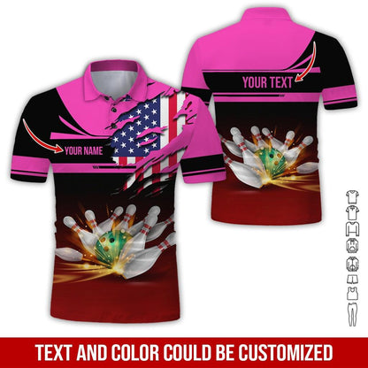 Custom Bowling Men Polo Shirt - Amazing Bowling Ball And US Flag Personalized Name Polo Shirt - Perfect Bowling Gift For Men, Bowling Lover - Amzanimalsgift
