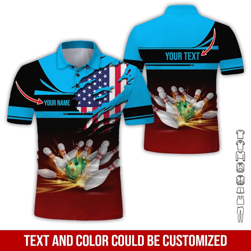 Custom Bowling Men Polo Shirt - Amazing Bowling Ball And US Flag Personalized Name Polo Shirt - Perfect Bowling Gift For Men, Bowling Lover - Amzanimalsgift