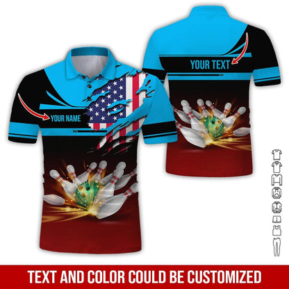 Custom Bowling Men Polo Shirt - Amazing Bowling Ball And US Flag Personalized Name Polo Shirt - Perfect Bowling Gift For Men, Bowling Lover - Amzanimalsgift