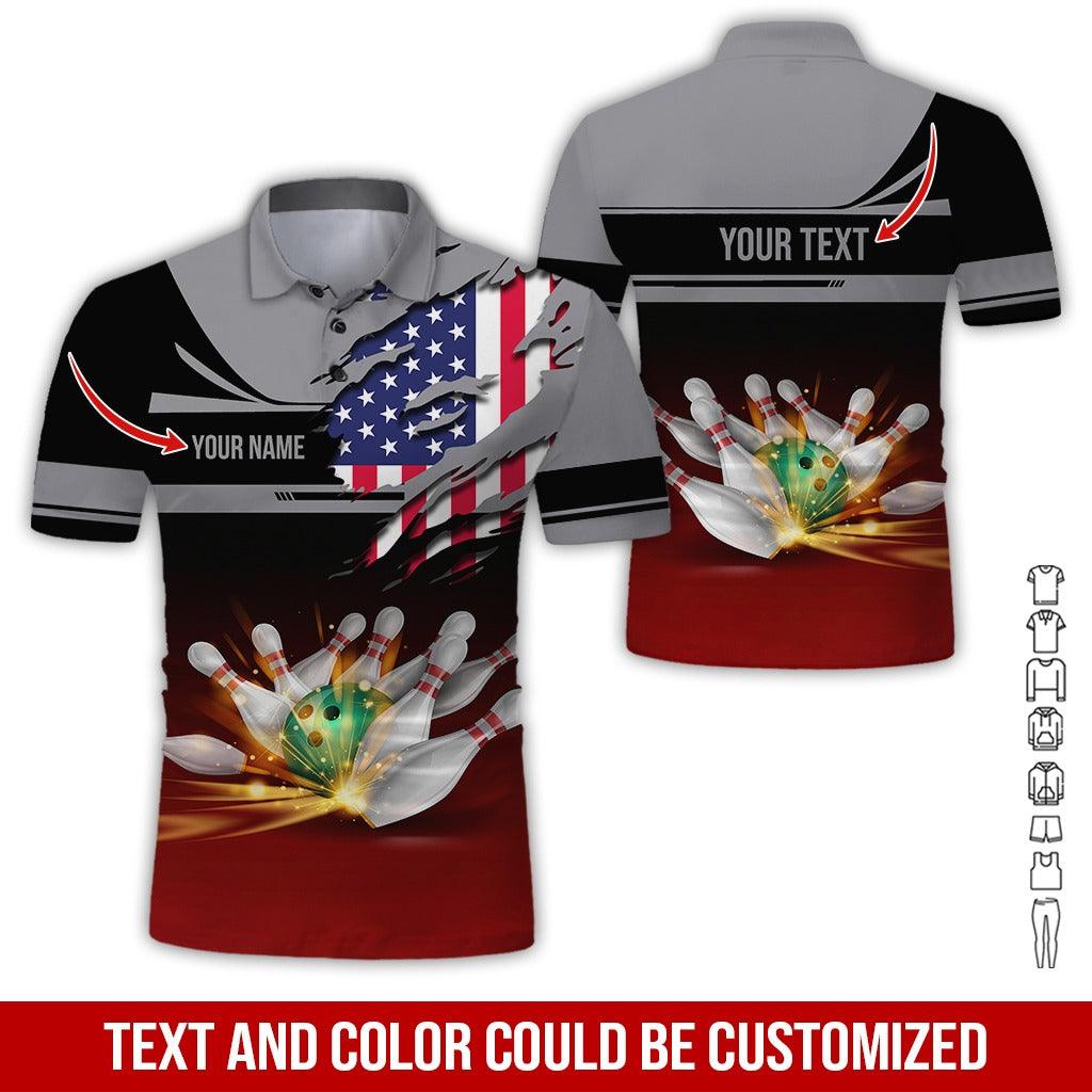 Custom Bowling Men Polo Shirt - Amazing Bowling Ball And US Flag Personalized Name Polo Shirt - Perfect Bowling Gift For Men, Bowling Lover - Amzanimalsgift