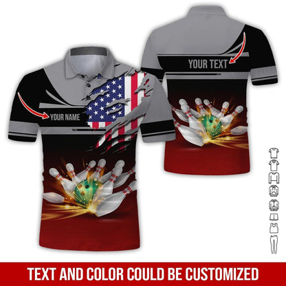 Custom Bowling Men Polo Shirt - Amazing Bowling Ball And US Flag Personalized Name Polo Shirt - Perfect Bowling Gift For Men, Bowling Lover - Amzanimalsgift