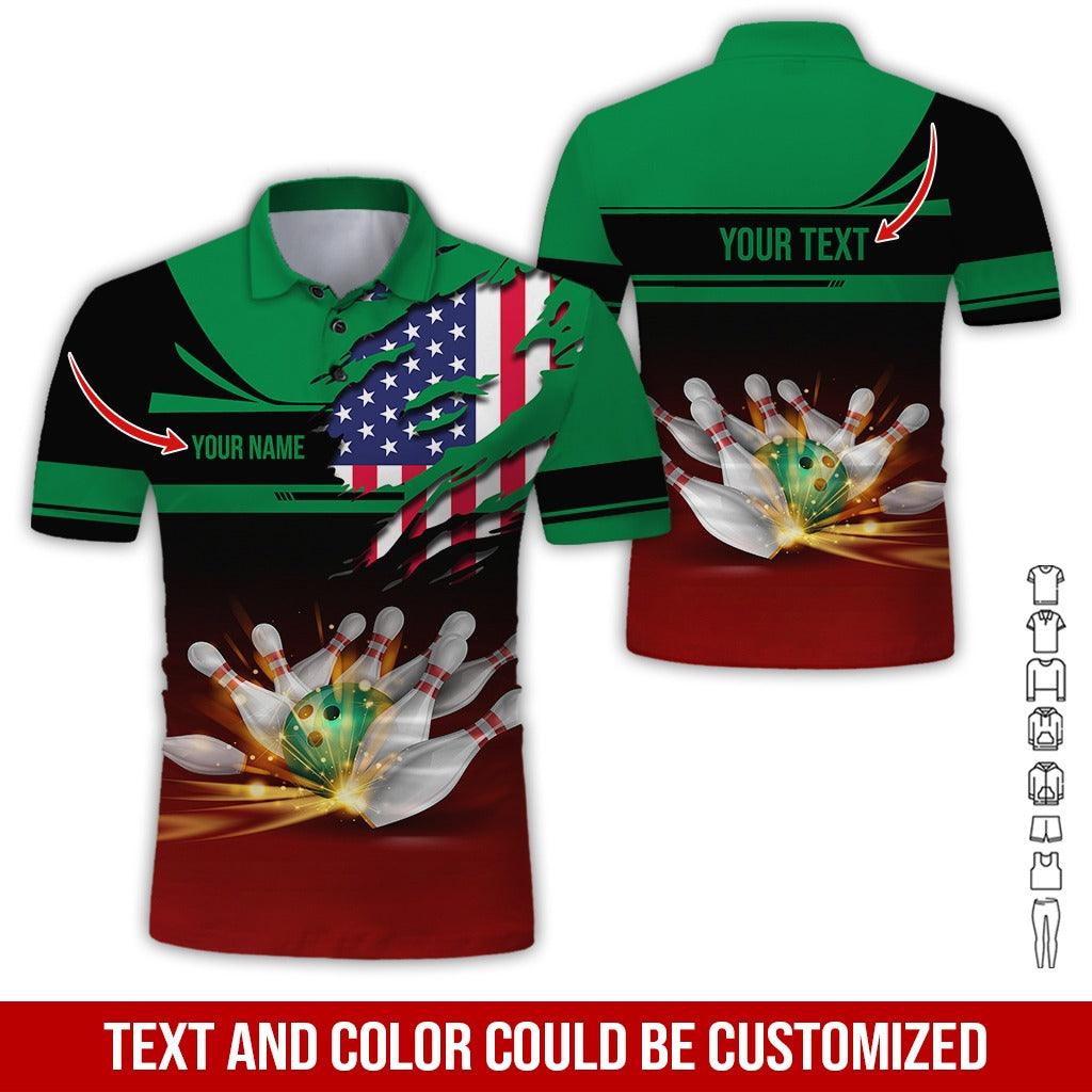 Custom Bowling Men Polo Shirt - Amazing Bowling Ball And US Flag Personalized Name Polo Shirt - Perfect Bowling Gift For Men, Bowling Lover - Amzanimalsgift