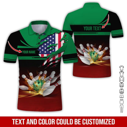 Custom Bowling Men Polo Shirt - Amazing Bowling Ball And US Flag Personalized Name Polo Shirt - Perfect Bowling Gift For Men, Bowling Lover - Amzanimalsgift