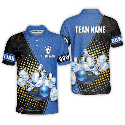 Custom Bowling Men Polo Shirt - Black And Blue Bowling Ball Pattern Personalized Name Polo Shirt - Perfect Bowling Gift For Men, Bowling Lover