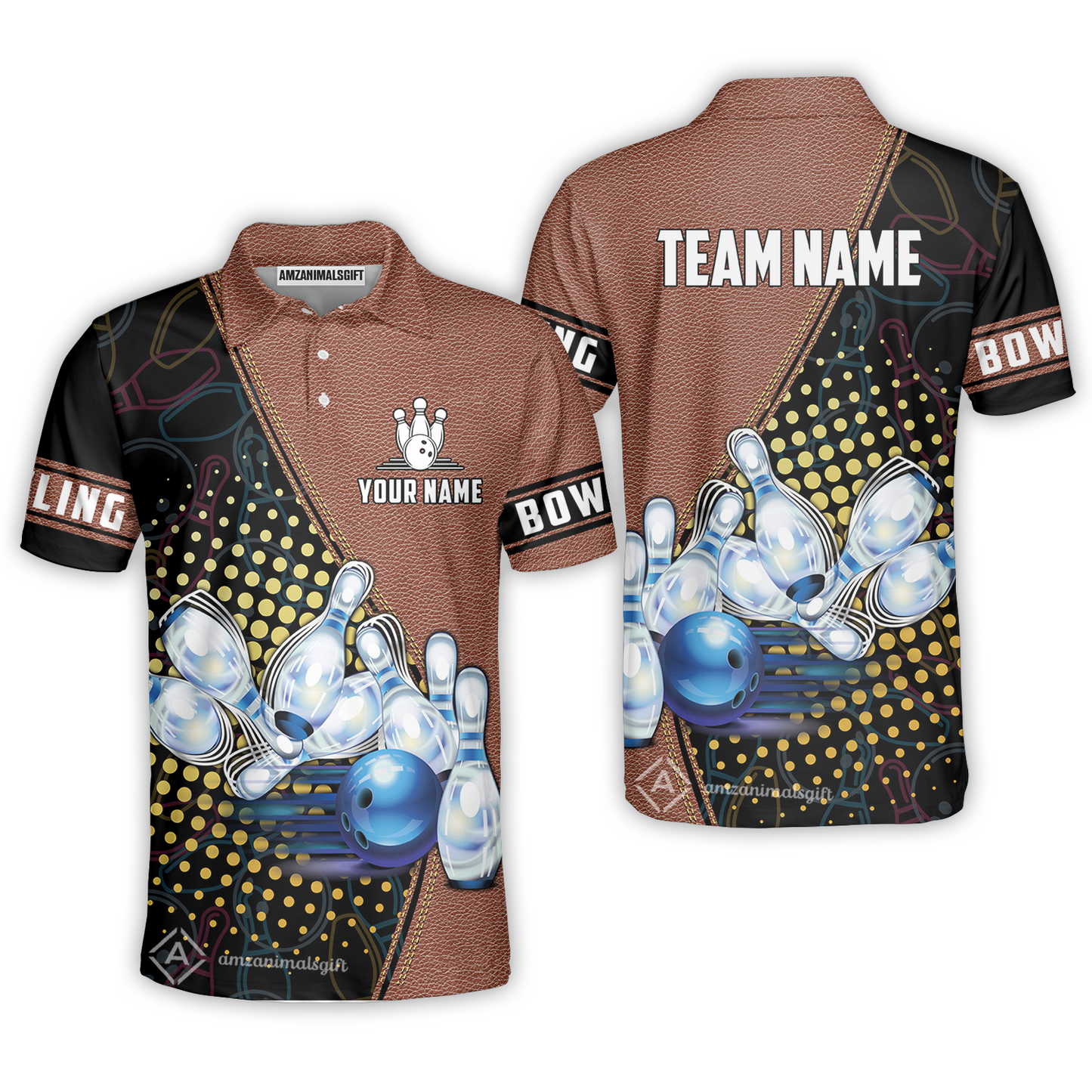 Custom Bowling Men Polo Shirt - Black And Blue Bowling Ball Pattern Personalized Name Polo Shirt - Perfect Bowling Gift For Men, Bowling Lover