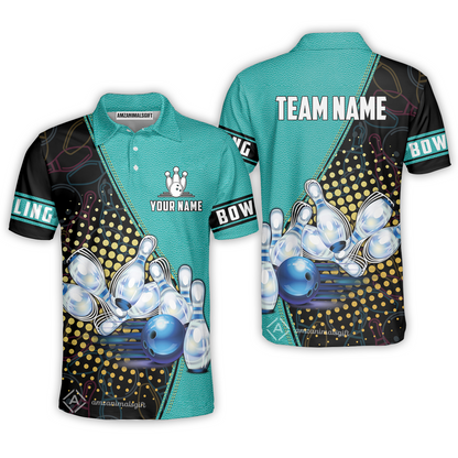 Custom Bowling Men Polo Shirt - Black And Blue Bowling Ball Pattern Personalized Name Polo Shirt - Perfect Bowling Gift For Men, Bowling Lover