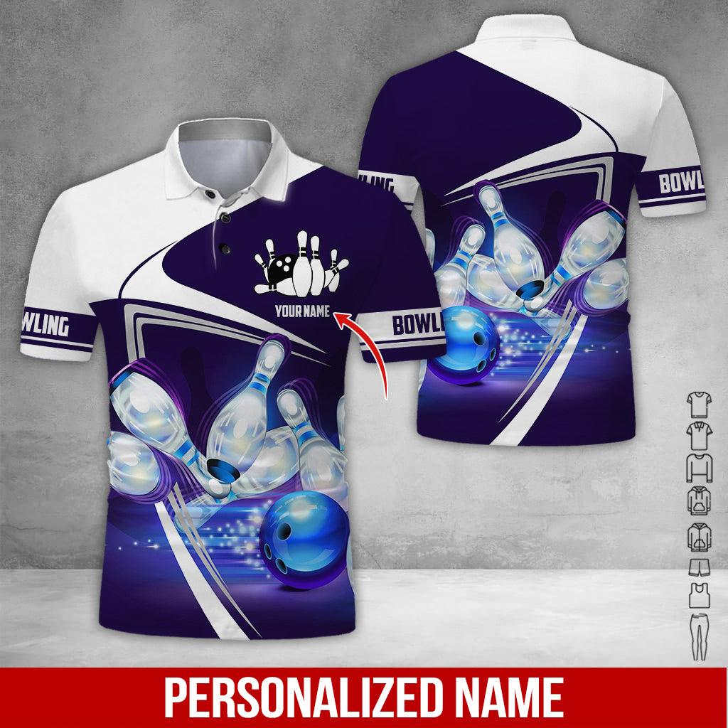 Custom Bowling Men Polo Shirt - Blue And Black Bowling Ball Pattern Personalized Name Polo Shirt - Perfect Bowling Gift For Men, Bowling Lover - Amzanimalsgift