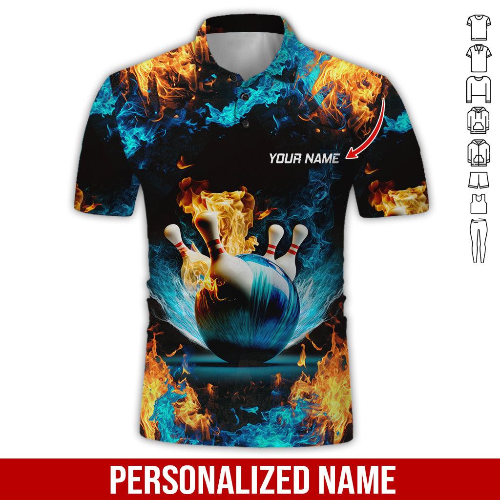 Custom Bowling Men Polo Shirt - Blue Fire Bowling Pattern Personalized Name Polo Shirt - Perfect Bowling Gift For Men, Bowling Lover - Amzanimalsgift