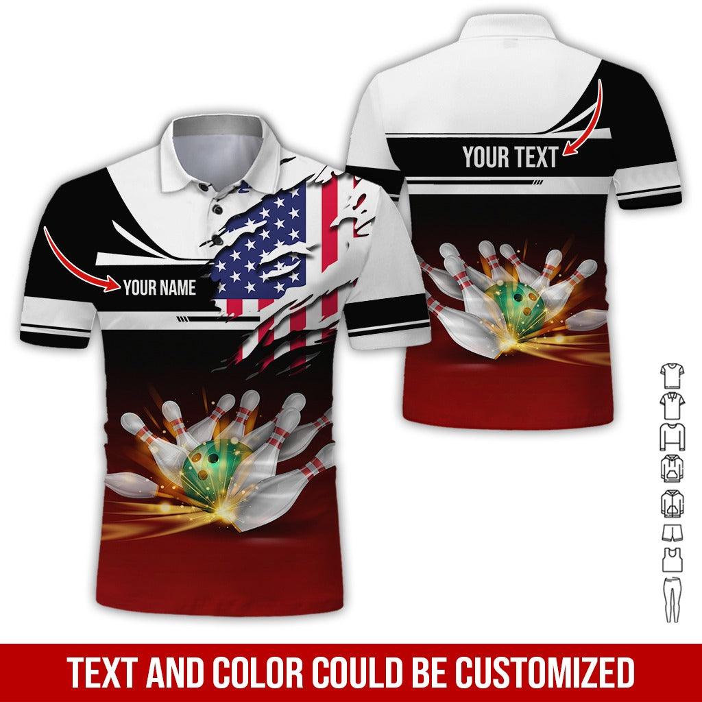 Custom Bowling Men Polo Shirt - Bowling Ball And US Flag Personalized Name Polo Shirt - Perfect Bowling Gift For Men, Bowling Lover - Amzanimalsgift