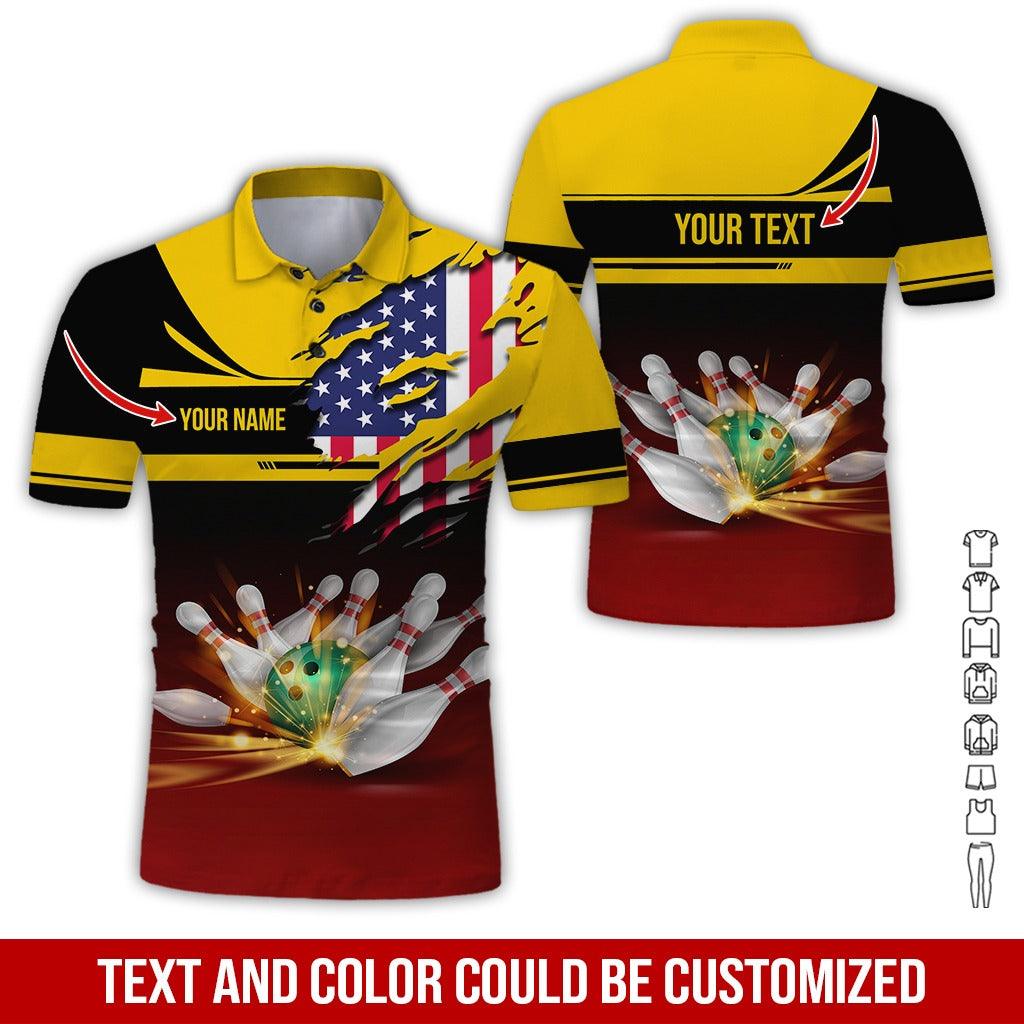 Custom Bowling Men Polo Shirt - Bowling Ball And US Flag Personalized Name Polo Shirt - Perfect Bowling Gift For Men, Bowling Lover - Amzanimalsgift