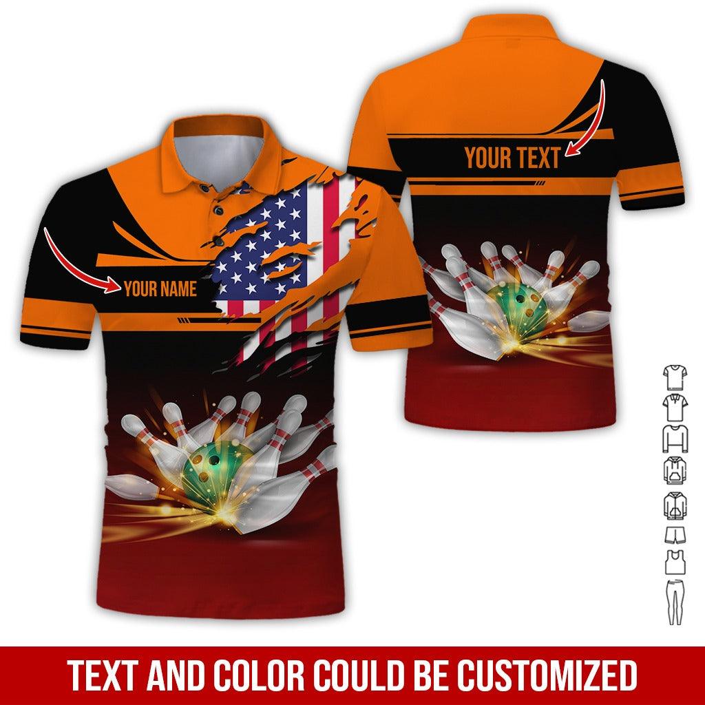 Custom Bowling Men Polo Shirt - Bowling Ball And US Flag Personalized Name Polo Shirt - Perfect Bowling Gift For Men, Bowling Lover - Amzanimalsgift