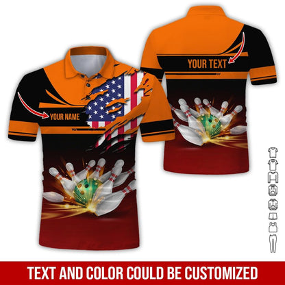 Custom Bowling Men Polo Shirt - Bowling Ball And US Flag Personalized Name Polo Shirt - Perfect Bowling Gift For Men, Bowling Lover - Amzanimalsgift