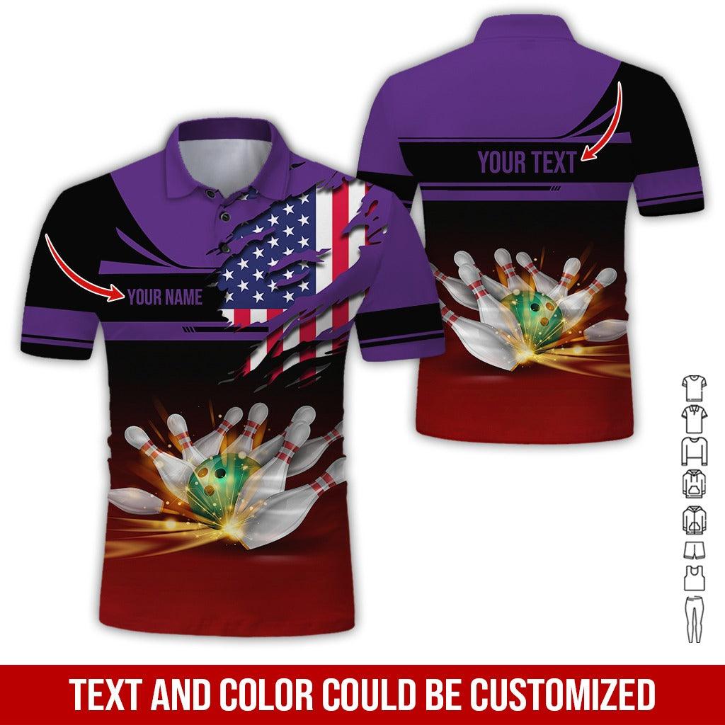 Custom Bowling Men Polo Shirt - Bowling Ball And US Flag Personalized Name Polo Shirt - Perfect Bowling Gift For Men, Bowling Lover - Amzanimalsgift