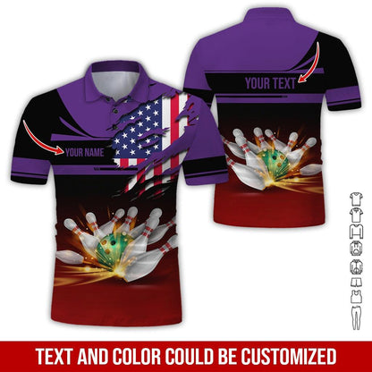 Custom Bowling Men Polo Shirt - Bowling Ball And US Flag Personalized Name Polo Shirt - Perfect Bowling Gift For Men, Bowling Lover - Amzanimalsgift