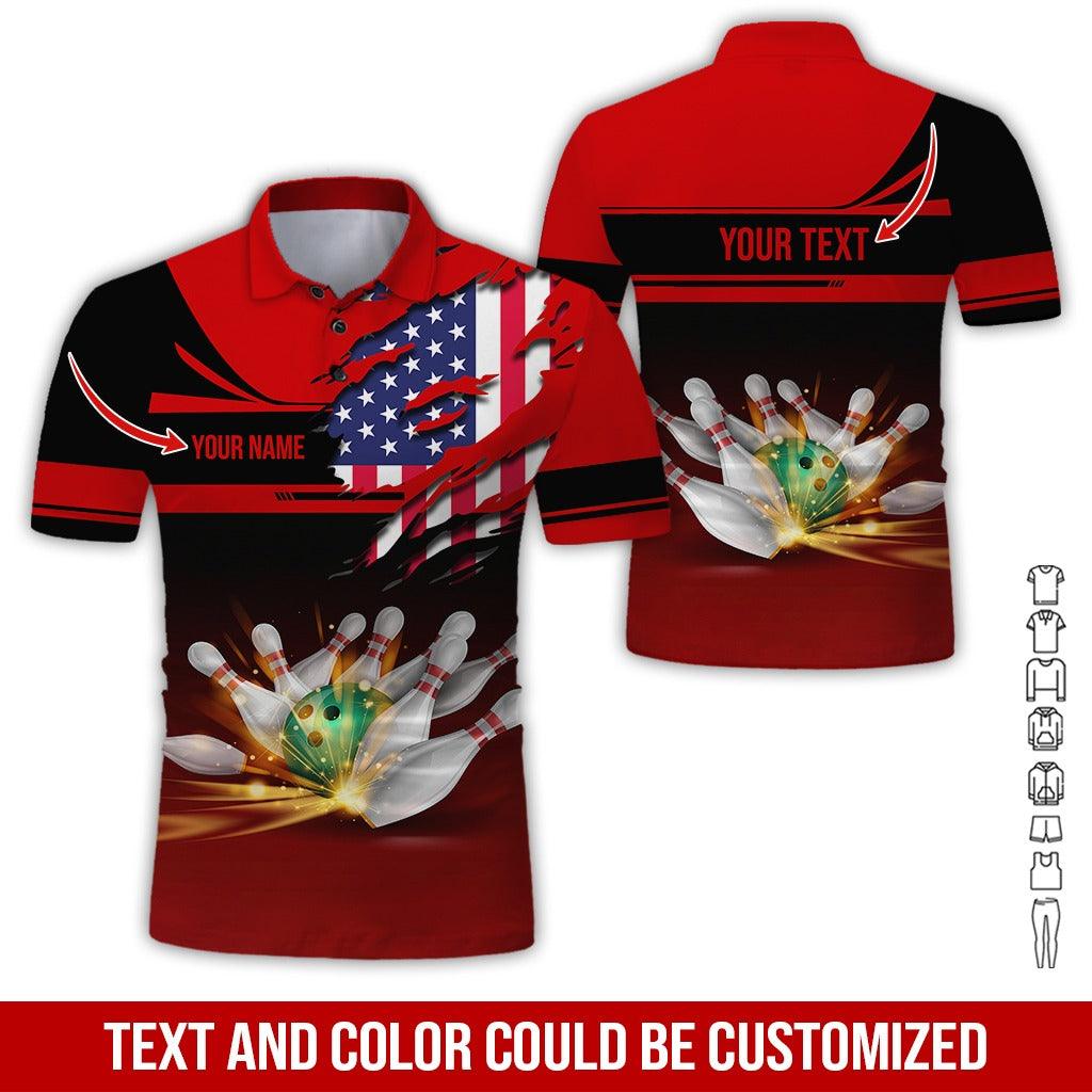 Custom Bowling Men Polo Shirt - Bowling Ball And US Flag Personalized Name Polo Shirt - Perfect Bowling Gift For Men, Bowling Lover - Amzanimalsgift