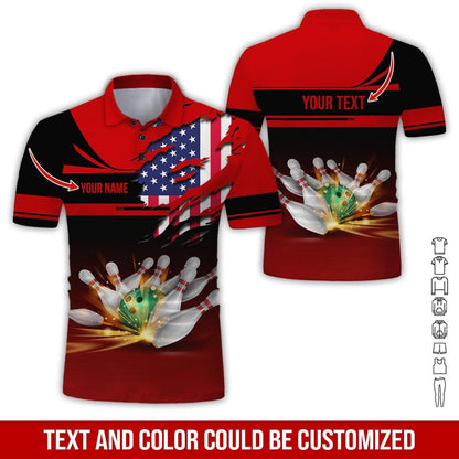 Custom Bowling Men Polo Shirt - Bowling Ball And US Flag Personalized Name Polo Shirt - Perfect Bowling Gift For Men, Bowling Lover - Amzanimalsgift