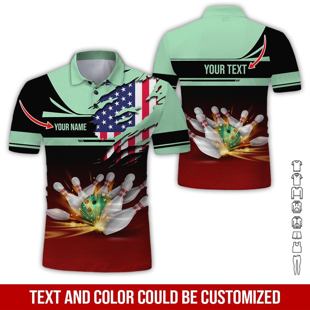 Custom Bowling Men Polo Shirt - Bowling Ball And US Flag Personalized Name Polo Shirt - Perfect Bowling Gift For Men, Bowling Lover - Amzanimalsgift