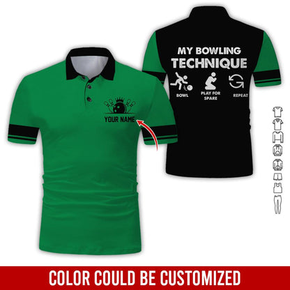Custom Bowling Men Polo Shirt - Bowling Ball Pattern, My Bowling Technique Personalized Name Polo Shirt - Perfect Bowling Gift For Men, Bowling Lover - Amzanimalsgift