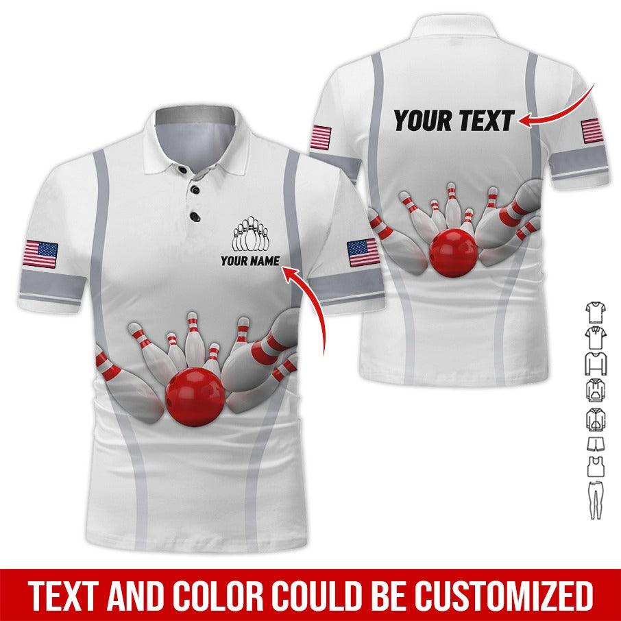 Custom Bowling Men Polo Shirt - Bowling Ball Pattern, US Flag Personalized Name Polo Shirt - Perfect Bowling Gift For Men, Bowling Lover - Amzanimalsgift