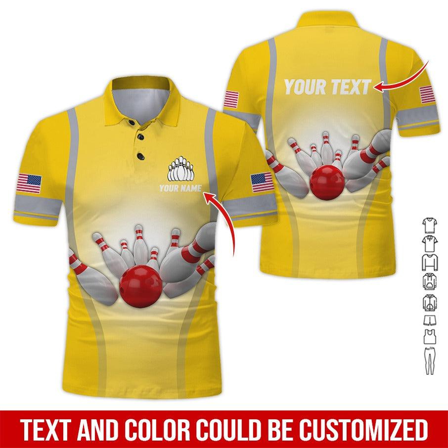 Custom Bowling Men Polo Shirt - Bowling Ball Pattern, US Flag Personalized Name Polo Shirt - Perfect Bowling Gift For Men, Bowling Lover - Amzanimalsgift
