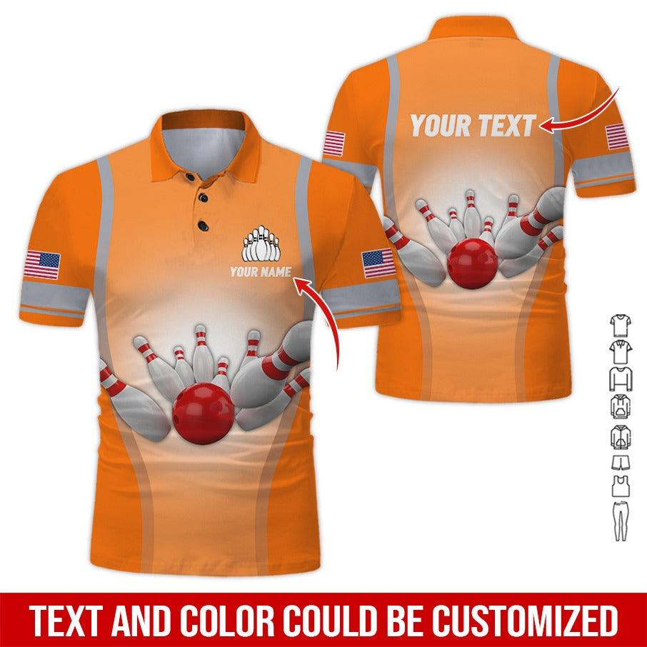 Custom Bowling Men Polo Shirt - Bowling Ball Pattern, US Flag Personalized Name Polo Shirt - Perfect Bowling Gift For Men, Bowling Lover - Amzanimalsgift