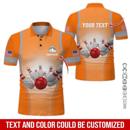Custom Bowling Men Polo Shirt - Bowling Ball Pattern, US Flag Personalized Name Polo Shirt - Perfect Bowling Gift For Men, Bowling Lover - Amzanimalsgift