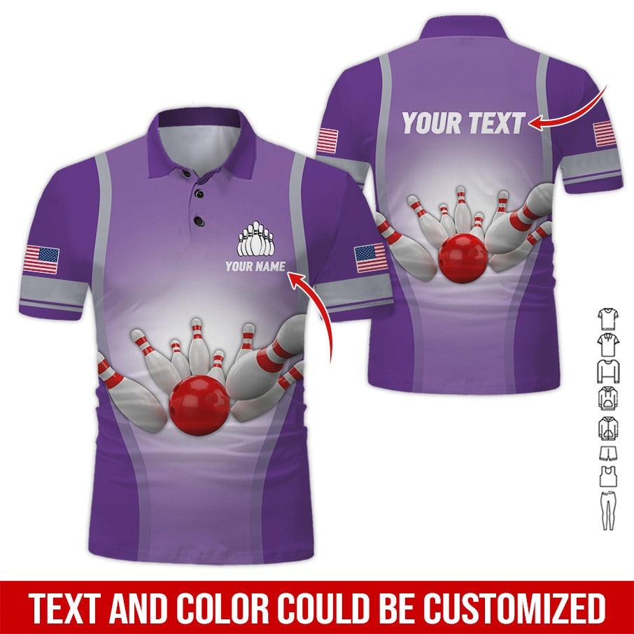 Custom Bowling Men Polo Shirt - Bowling Ball Pattern, US Flag Personalized Name Polo Shirt - Perfect Bowling Gift For Men, Bowling Lover - Amzanimalsgift