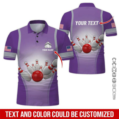 Custom Bowling Men Polo Shirt - Bowling Ball Pattern, US Flag Personalized Name Polo Shirt - Perfect Bowling Gift For Men, Bowling Lover - Amzanimalsgift