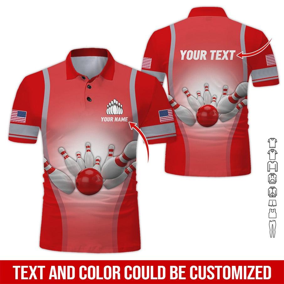 Custom Bowling Men Polo Shirt - Bowling Ball Pattern, US Flag Personalized Name Polo Shirt - Perfect Bowling Gift For Men, Bowling Lover - Amzanimalsgift