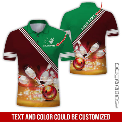Custom Bowling Men Polo Shirt - Golden Bowling Ball Shine Personalized Name Polo Shirt - Perfect Bowling Gift For Men, Bowling Lover - Amzanimalsgift