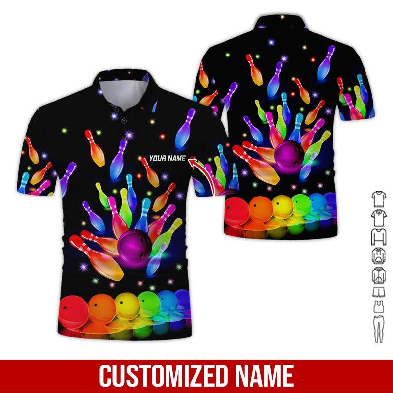 Custom Bowling Men Polo Shirt - Rainbow Bowling Ball Personalized Name Polo Shirt - Perfect Bowling Gift For Men, Bowling Lover - Amzanimalsgift
