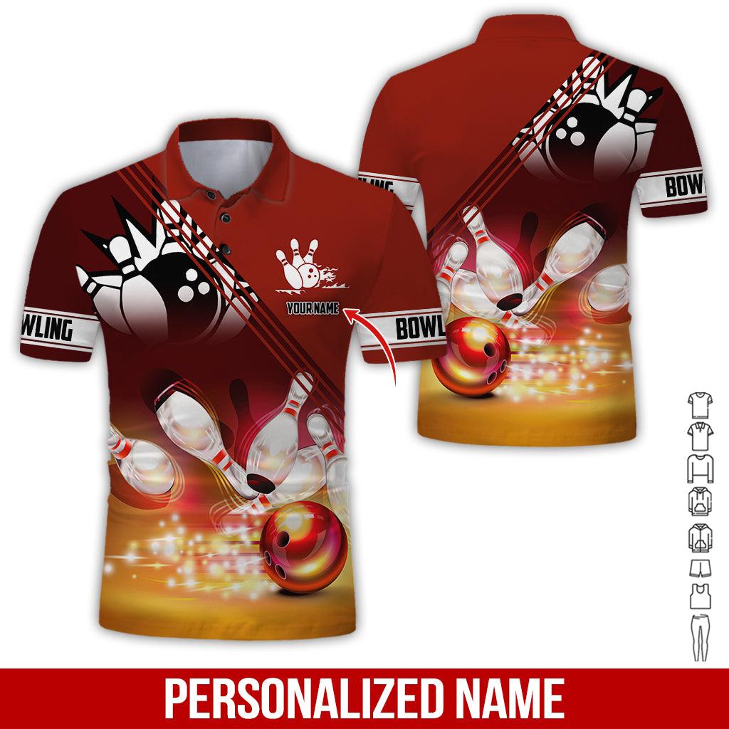 Custom Bowling Men Polo Shirt - Red And Black Bowling Ball Pattern Personalized Name Polo Shirt - Perfect Bowling Gift For Men, Bowling Lover - Amzanimalsgift