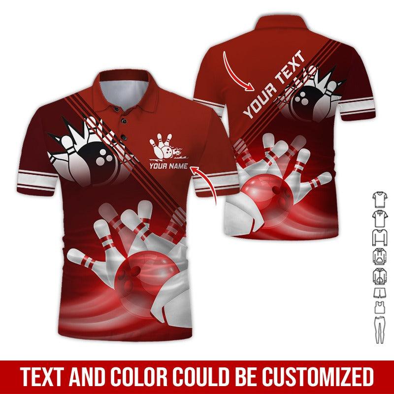 Custom Bowling Men Polo Shirt - Red Bowling Ball Personalized Name Polo Shirt - Perfect Bowling Gift For Men, Bowling Lover - Amzanimalsgift