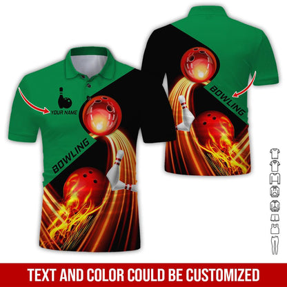 Custom Bowling Men Polo Shirt - Red Fire Bowling Ball Personalized Name Polo Shirt - Perfect Bowling Gift For Men, Bowling Lover - Amzanimalsgift