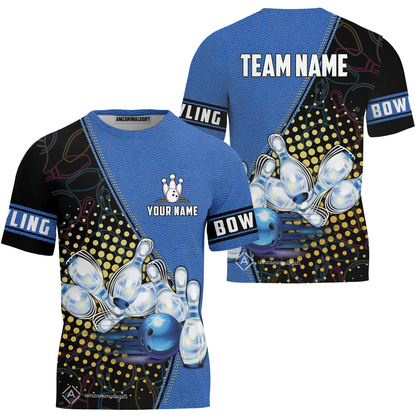 Custom Bowling T-Shirt - Black And Blue Bowling Ball Pattern Personalized Name T-Shirt