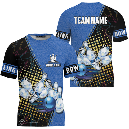 Custom Bowling T-Shirt - Black And Blue Bowling Ball Pattern Personalized Name T-Shirt