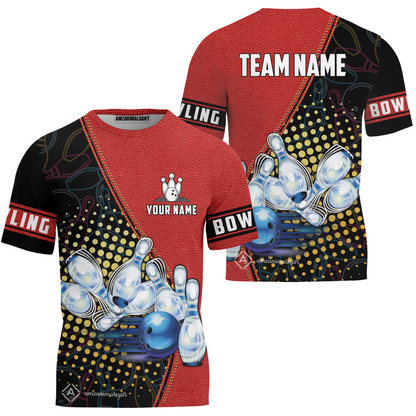 Custom Bowling T-Shirt - Black And Blue Bowling Ball Pattern Personalized Name T-Shirt