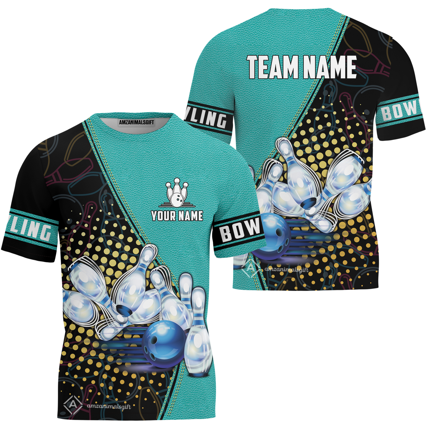 Custom Bowling T-Shirt - Black And Blue Bowling Ball Pattern Personalized Name T-Shirt