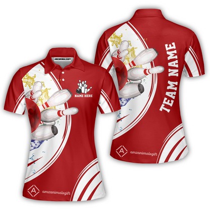 Custom Bowling Team Women Polo Shirts, Custom Cyan Red Blue Bowling Uniforms Jerseys, Personalized Name And Team Name