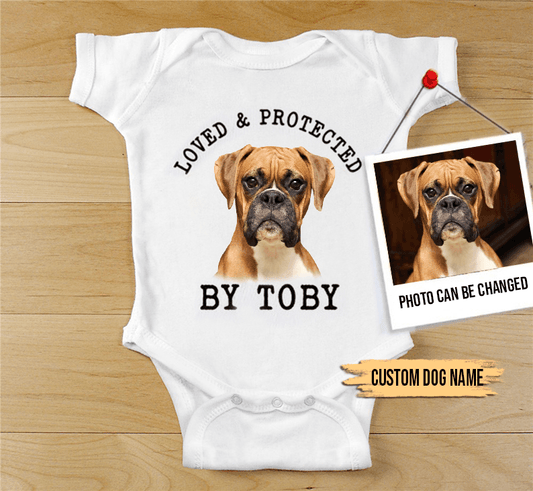 Custom Boxer Baby Onesies, Loved & Protected By Custom Dog Baby Onesies, Personalized Onesies, Newborn Onesies - Perfect Gift For Baby, Baby Gift Onesie - Amzanimalsgift