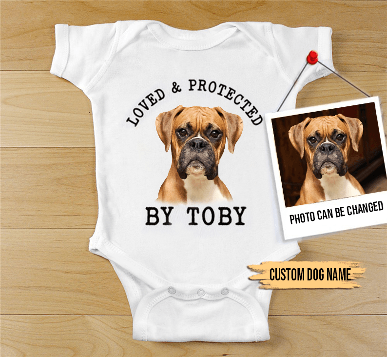 Custom Boxer Baby Onesies, Loved & Protected By Custom Dog Baby Onesies, Personalized Onesies, Newborn Onesies - Perfect Gift For Baby, Baby Gift Onesie - Amzanimalsgift