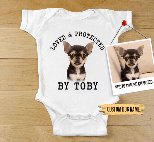 Custom Chihuahua Baby Onesies, Loved & Protected By Custom Dog Baby Onesies, Personalized Onesies, Newborn Onesies - Perfect Gift For Baby, Baby Gift Onesie - Amzanimalsgift